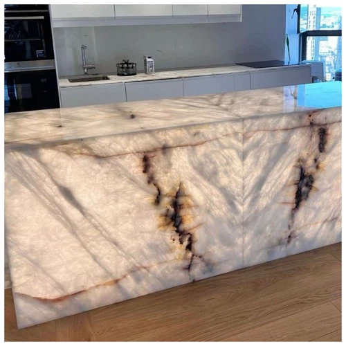 Bianco Cristallo Quartzite Waterfall Countertop in Penthouse-KA UNITED Bianco Cristallo Quartzite Waterfall Countertop in Penthouse-KA UNITED